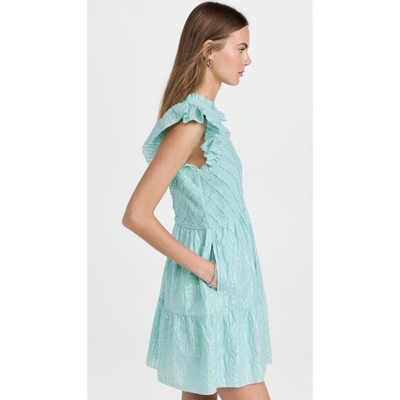 Saylor XS Carraway Mini Dress Smocked Bodice Flutter Sleeves Aqua Metallic - Picture 5 of 13